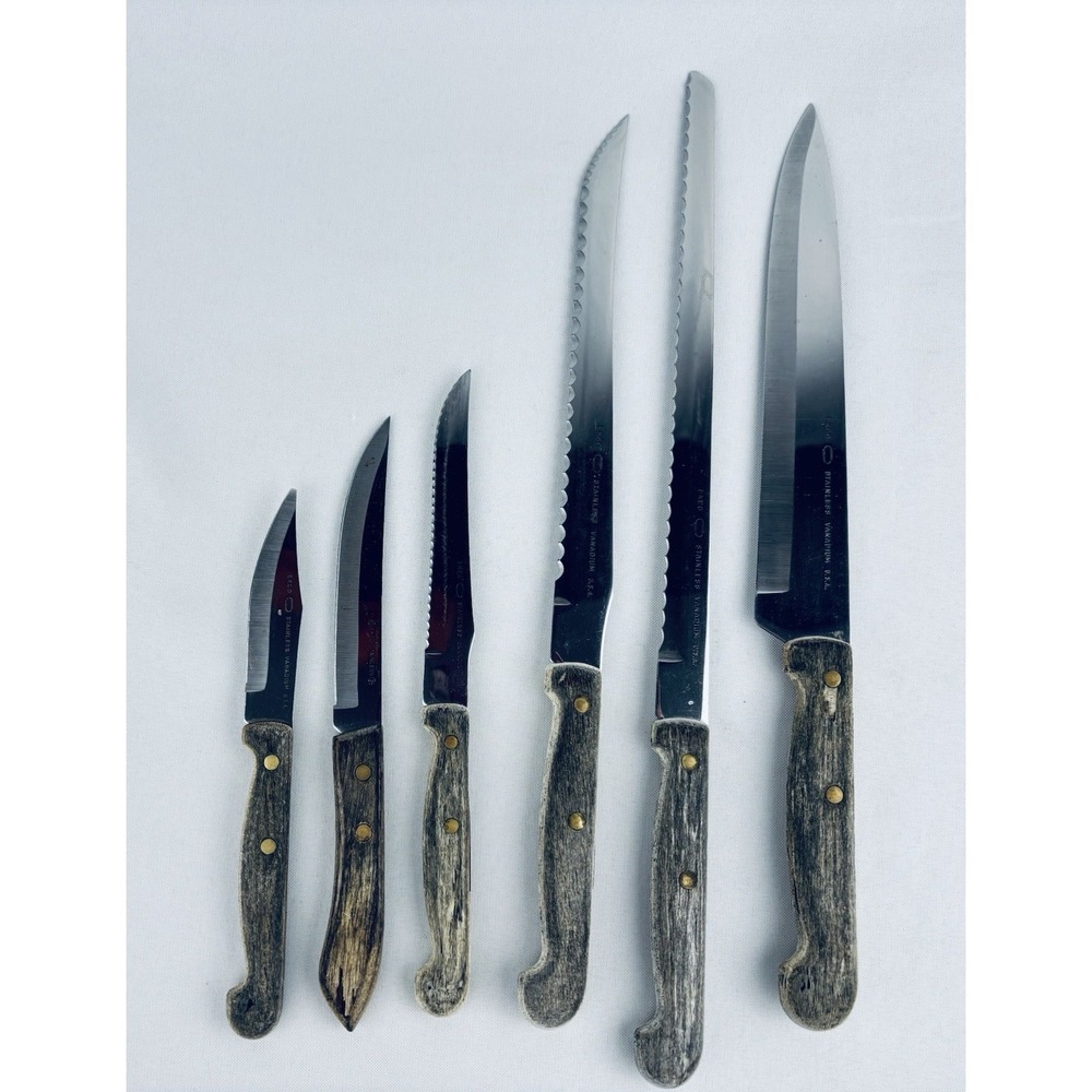 Vintage Ekco Lot Of 6 pc Stainless Vanadium Kitchen Knife‎ Wood Handle USA